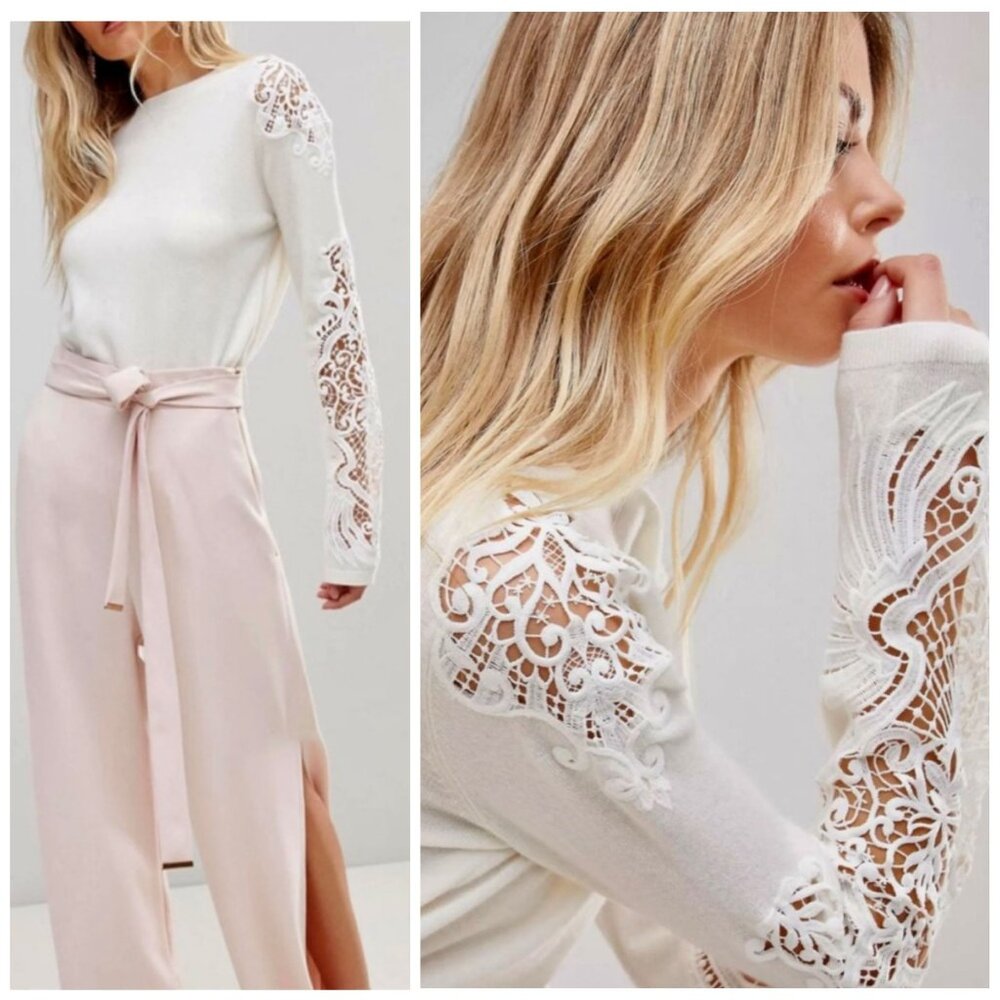 Ted Baker London "Shelsin" Lace-Inset Sweater in Cream Women's Size 10 (TB-4)